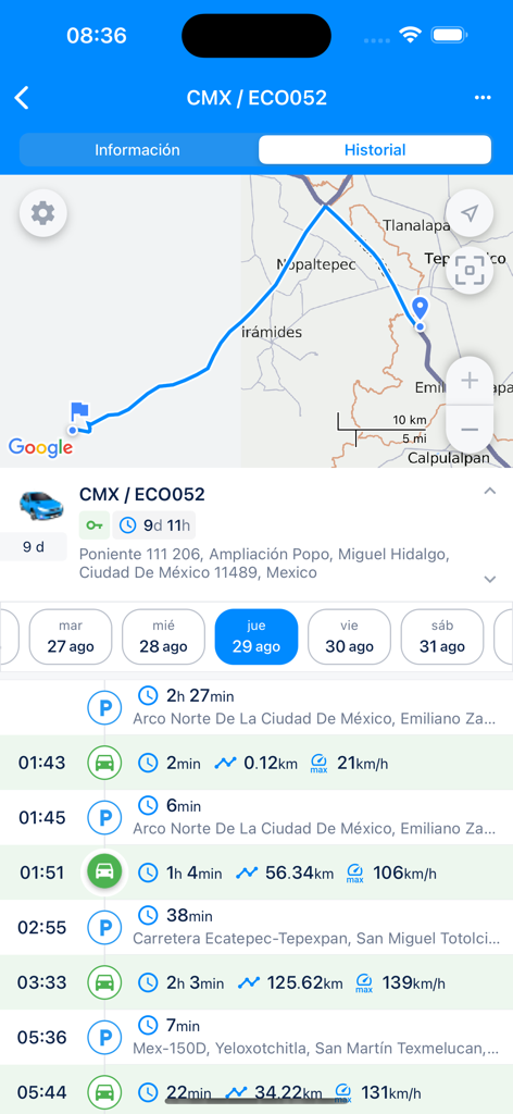 Blac Finder - Blac Finder app screenshot showing a vehicle trip route on a map and a detailed log of stops and travel times