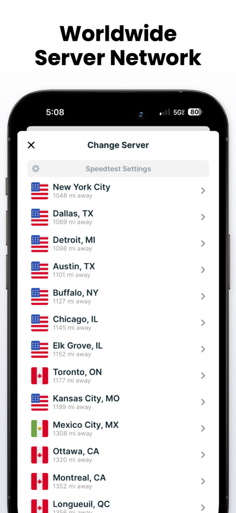 Interfaccia dell'app SpeedSmart che mostra un elenco di server globali per il test di velocità di Internet