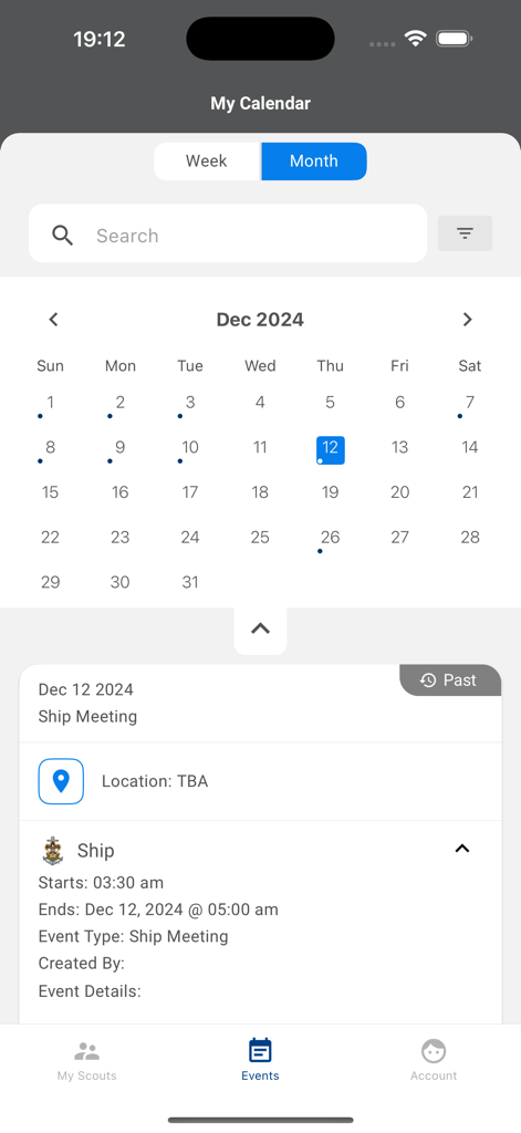 Scouting - Monthly event calendar in the Scouting app showing details for a ship meeting.