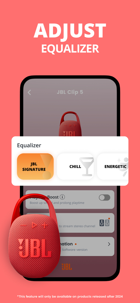 The JBL Portable app interface for adjusting equalizer settings on a JBL Clip 5 speaker.