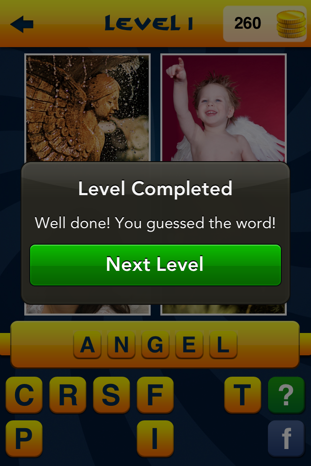 WordApp2 - 4 Pics, 1 Word, What's that word? second edition - A screenshot of the WordApp2 game showing a completed level for the word angel with a next level button.