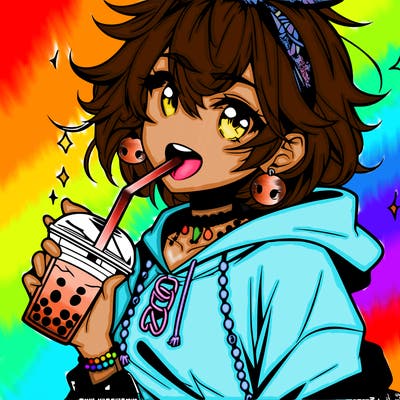 hot baddie anime girl drinking boba and biting the straw