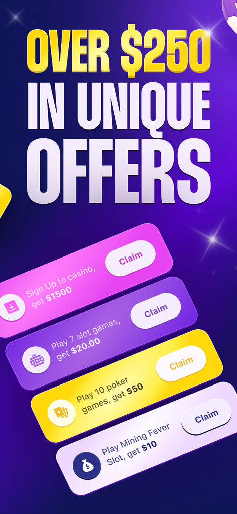 サインアップやゲームプレイのための様々なプロモーションオファーやキャッシュリワードを示すカジノVIPアプリのスクリーンショット。