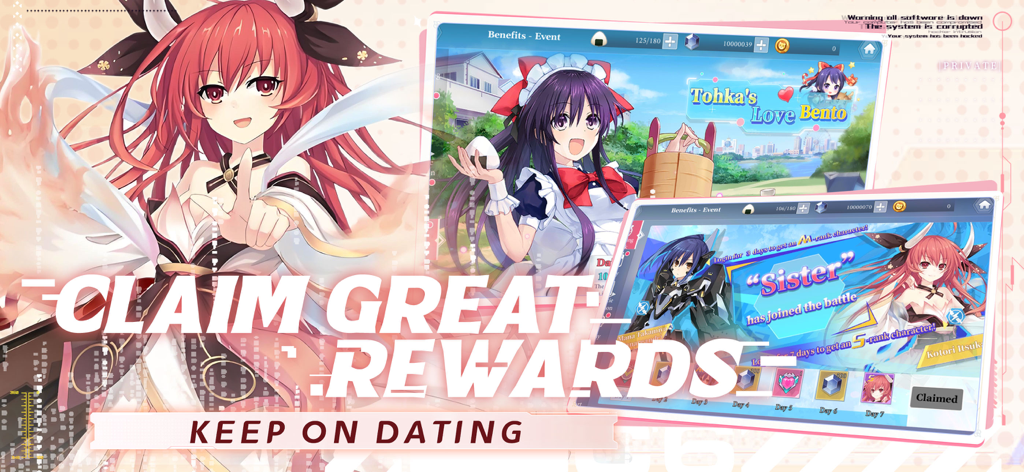 Date A Live: Spirit Echo - Date A Live Spirit Echo game screenshot showing daily login rewards and dating simulation event screens with anime characters