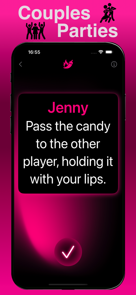 Uma tela de aplicativo móvel mostrando um desafio picante de verdade ou desafio para casais e festas