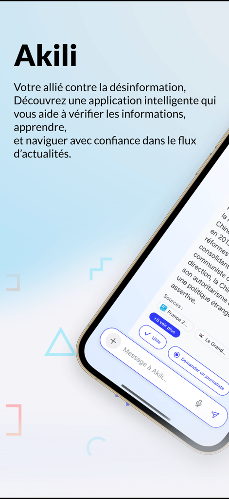 Akili - Akili AI fact checking app interface on an iPhone screen showing news source verification
