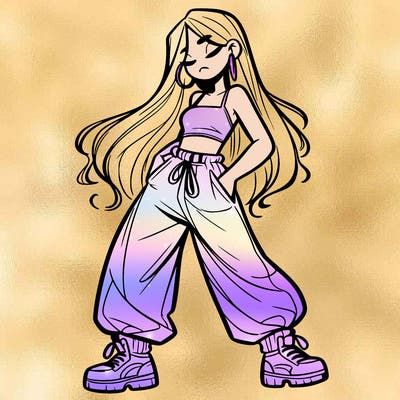 girl in baggy pants crop top and long hair