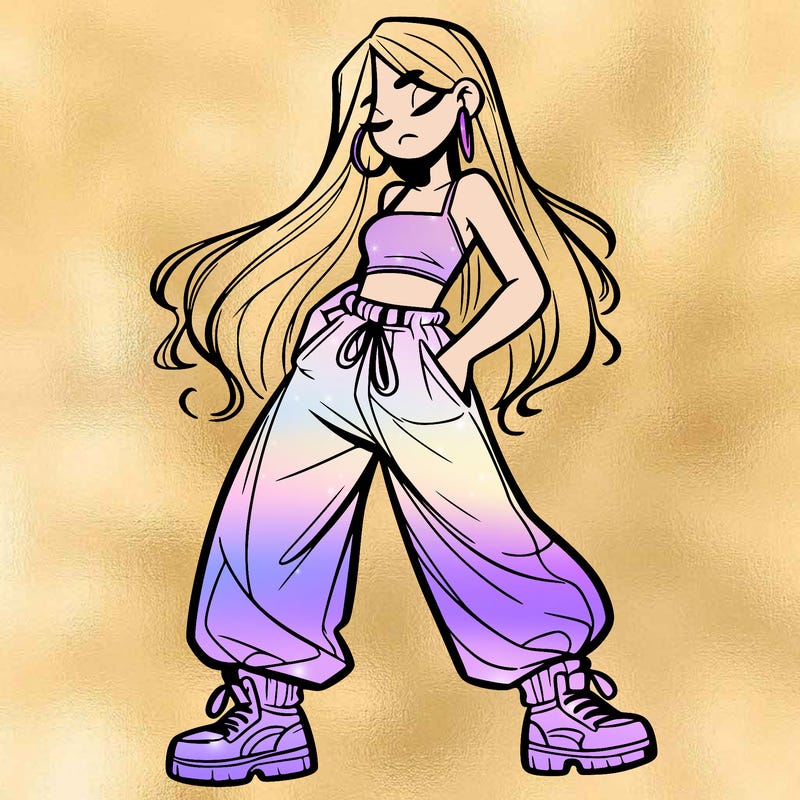 girl in baggy pants crop top and long hair