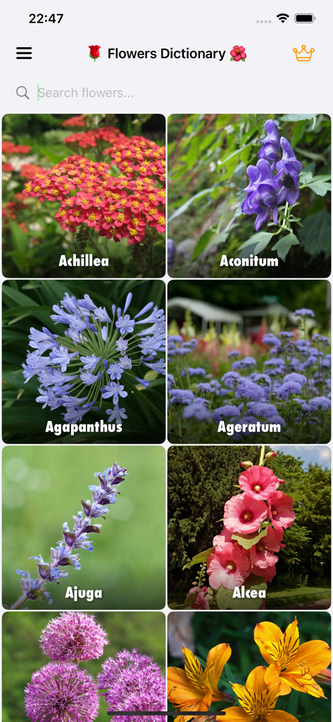 Flowers Dictionary with Images - A grid gallery of flowers with their botanical names including Achillea and Aconitum in the Flowers Dictionary app.