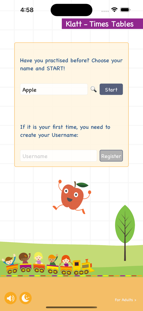 Login and user registration screen for the Klatt Times Tables educational app