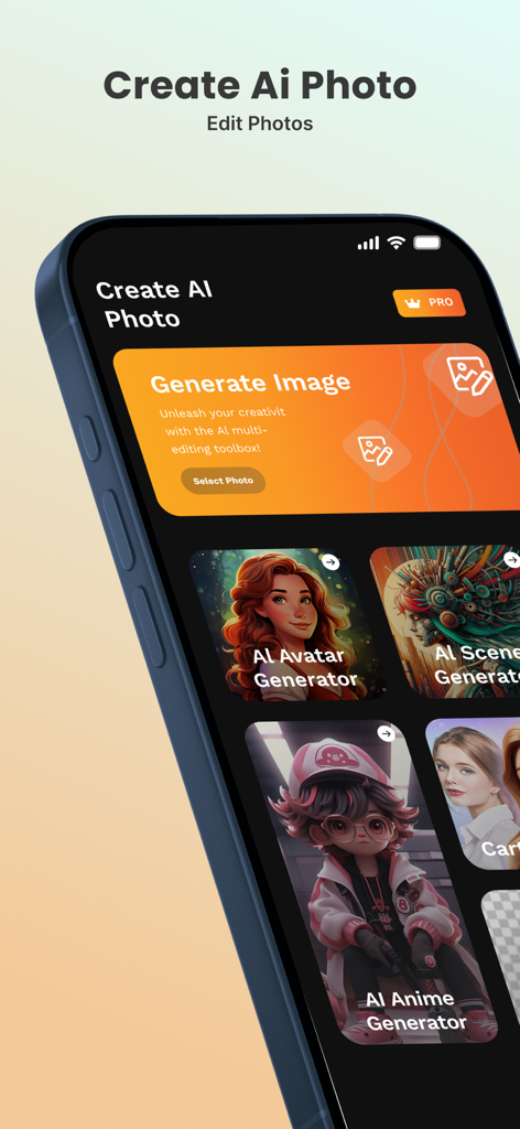 Create AI - Interface de l'application mobile Create AI montrant les options de génération d'avatar IA, de scène IA et d'anime IA.