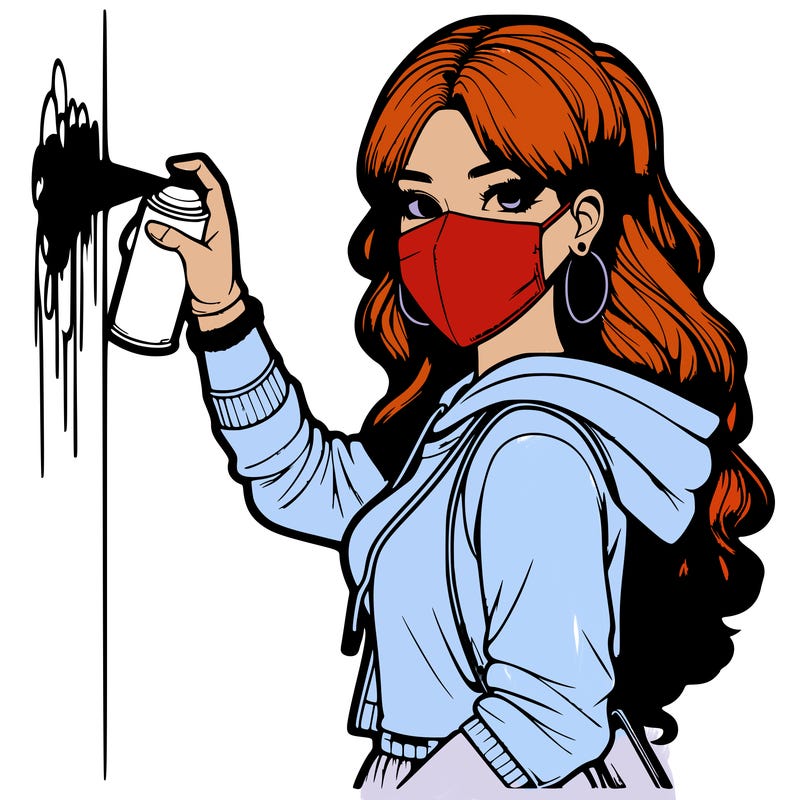 realistic girl with mask spray painting a wall