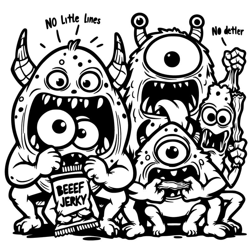 crazy looking monsters eating beef jerkey