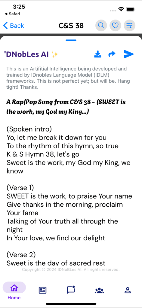 C&S Mobile - A screen from the C&S Mobile app showing AI generated rap lyrics for a traditional hymn
