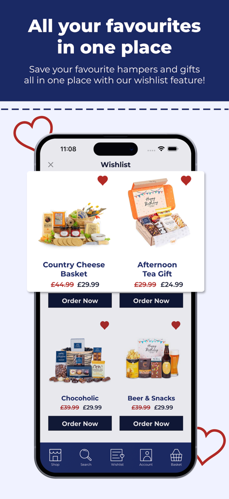 Prestige Hampers - A smartphone displaying the wishlist feature of the Prestige Hampers app with various gift baskets.