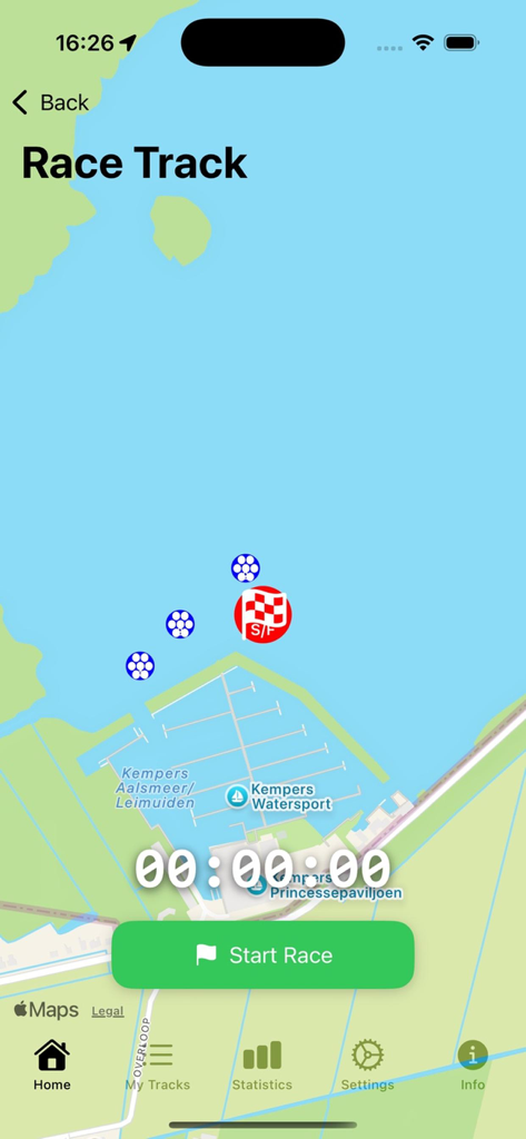 Watersport Race Tracker - Watersport Race Tracker app interface showing a GPS map with race markers and a start race button