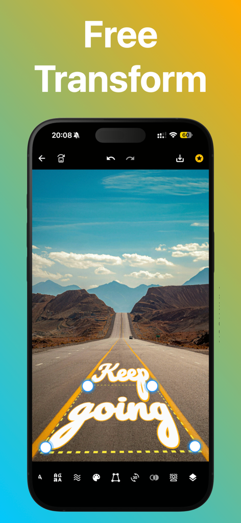 Background Text-AI Text Editor - Mobile App-Oberfläche, die die Funktion für freie Transformationen für perspektivische Textbearbeitung auf einem Landschaftsfoto zeigt