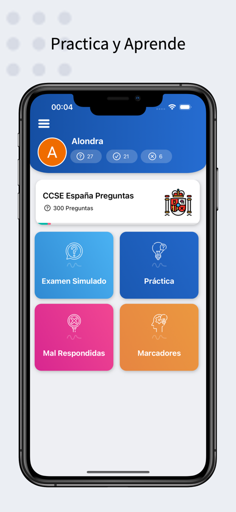 CCSE Exame Nacionalidad España - Tableau de bord de l'application d'examen CCSE de nationalité espagnole montrant les modules de pratique et de simulation d'examen