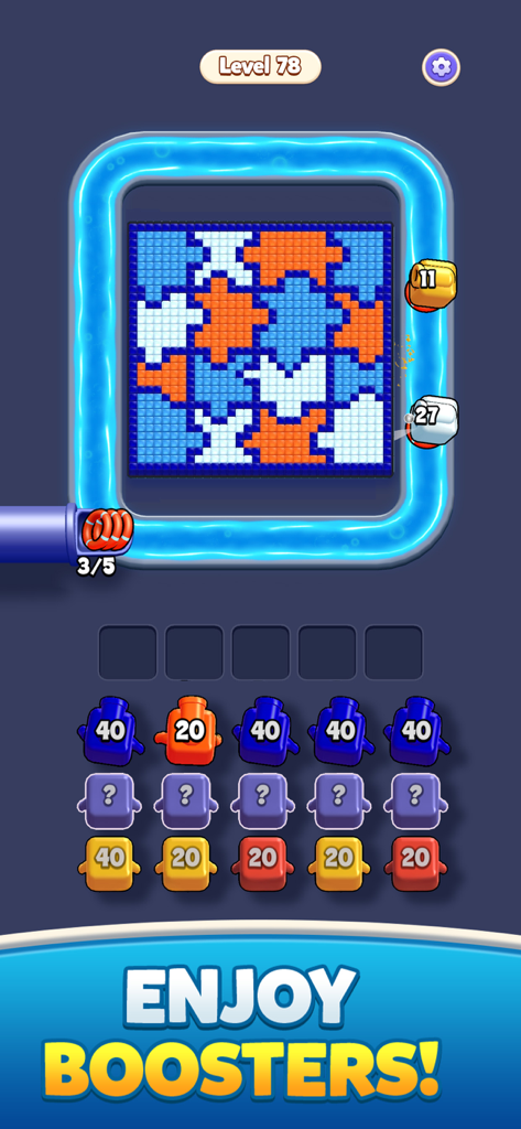 Gameplay screen of Color Blast Shooter showing a color matching puzzle board with level boosters at the bottom.