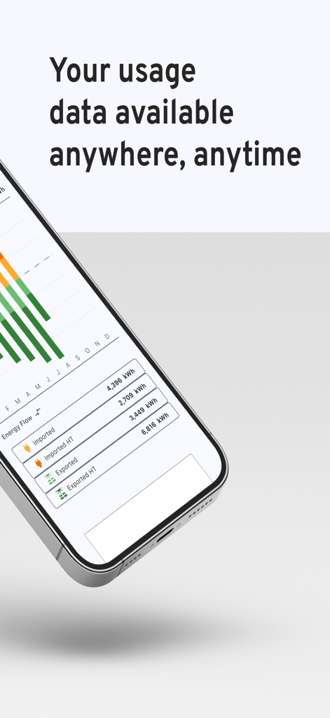 Enelogic - Smartphone screen displaying energy consumption and export statistics in the Enelogic app
