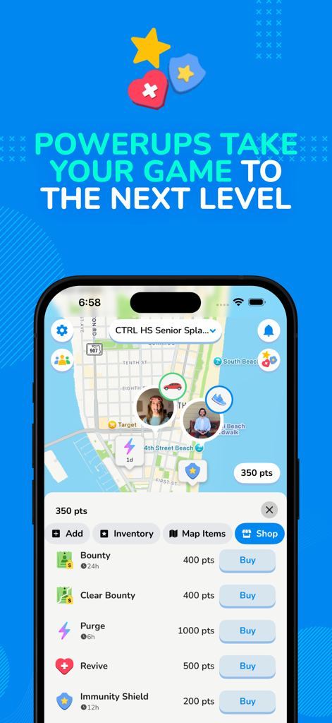 A smartphone screen showing the Splashin app map with player locations and an in-game item shop for powerups like Purge and Revive.