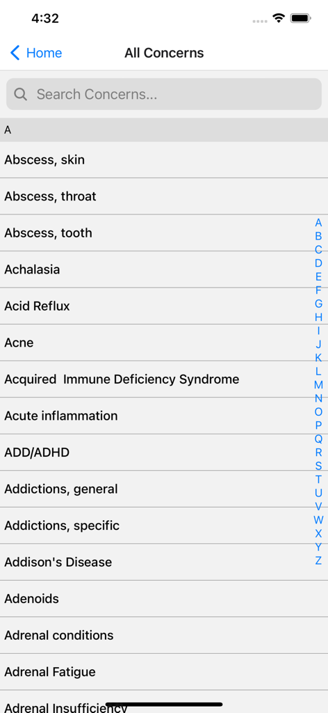 EoEbooks - Alphabetical list of health concerns in the EoEbooks app