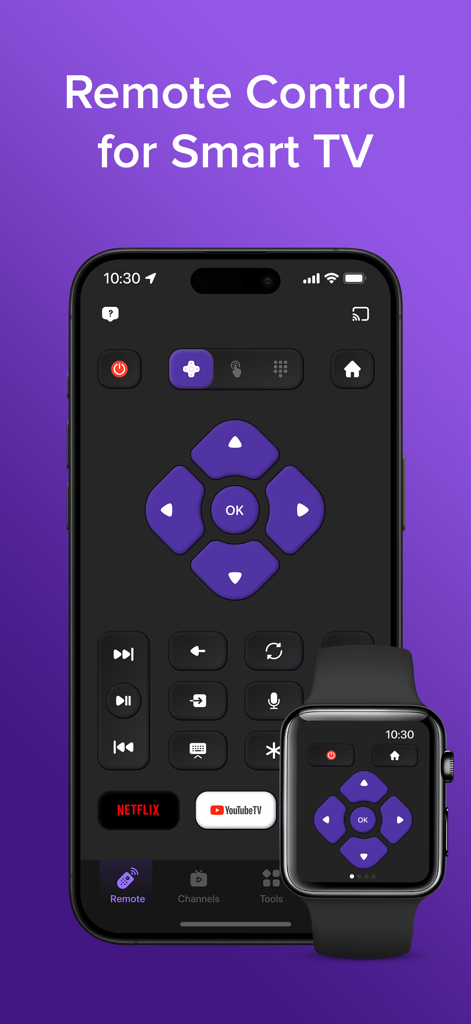 Smart TV remote control app interface on iPhone and Apple Watch showing navigation buttons and streaming shortcuts