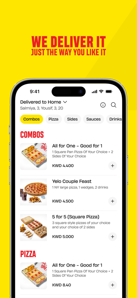 Yelo Pizza - Interfaz de la aplicación móvil Yelo Pizza que muestra ofertas de combos de pizza y categorías de menú.