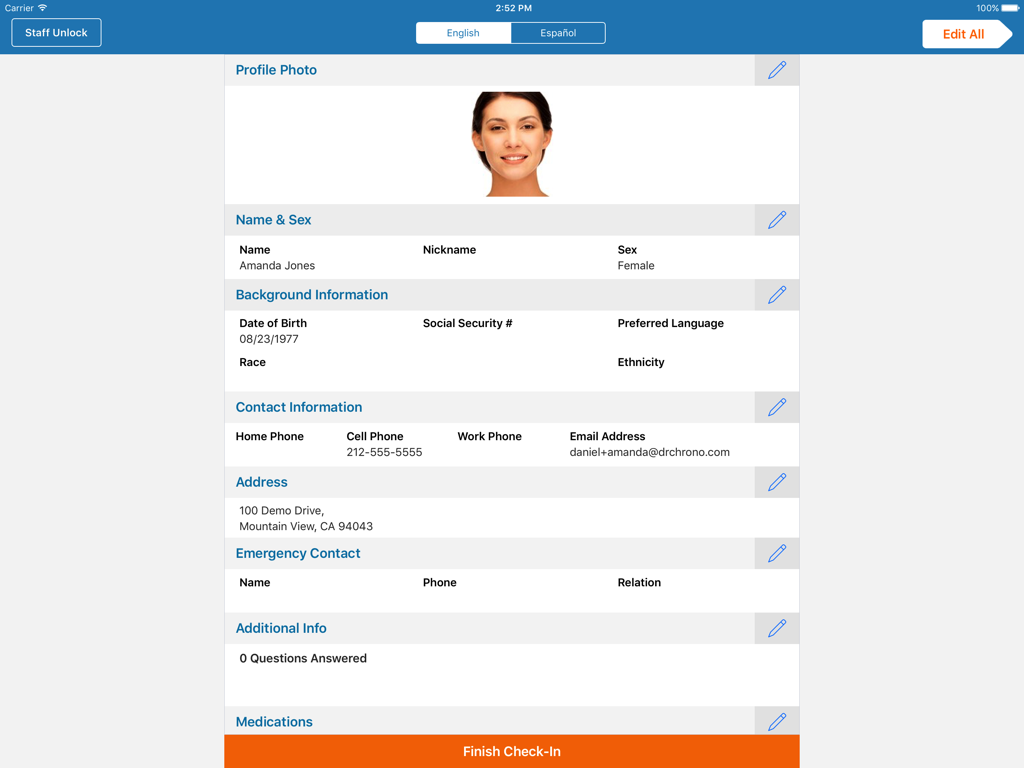 Digital patient registration summary screen on iPad displaying personal details and contact information in DrChrono app