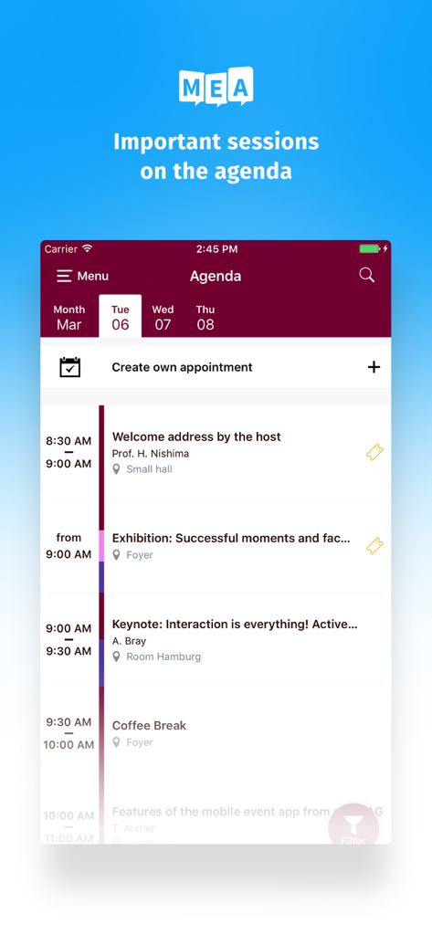 Pantalla de agenda de la aplicación móvil de eventos que muestra las sesiones y horarios programados de la conferencia