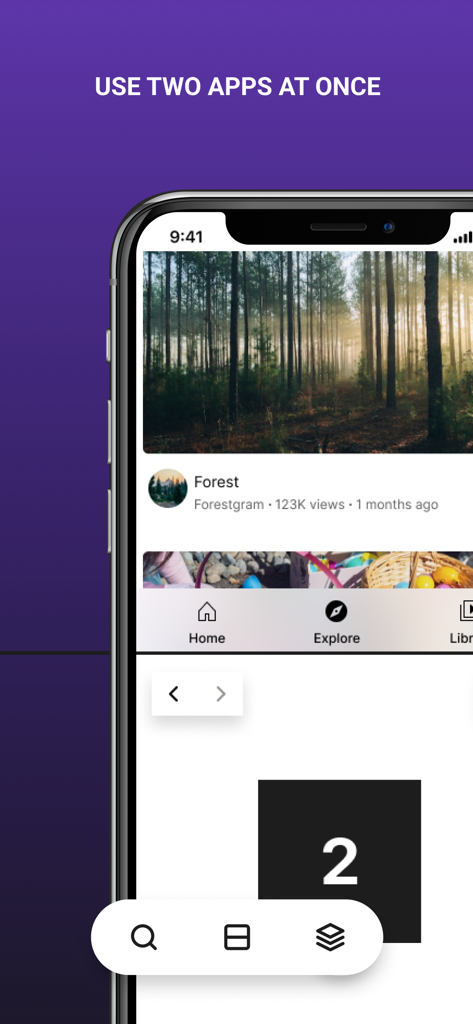 Split Screen Window: Multiple - iPhone interface showing two apps open simultaneously in a split-screen window