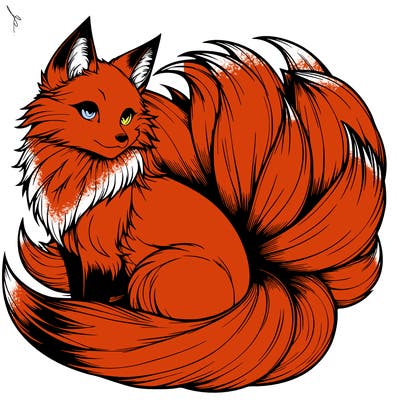 realistic detailed 9 tailed anime fox
