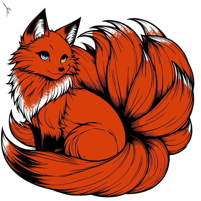 realistic detailed 9 tailed anime fox