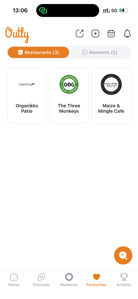 Outly - Outly mobile app showing a list of favorited restaurants on the Favourites screen.