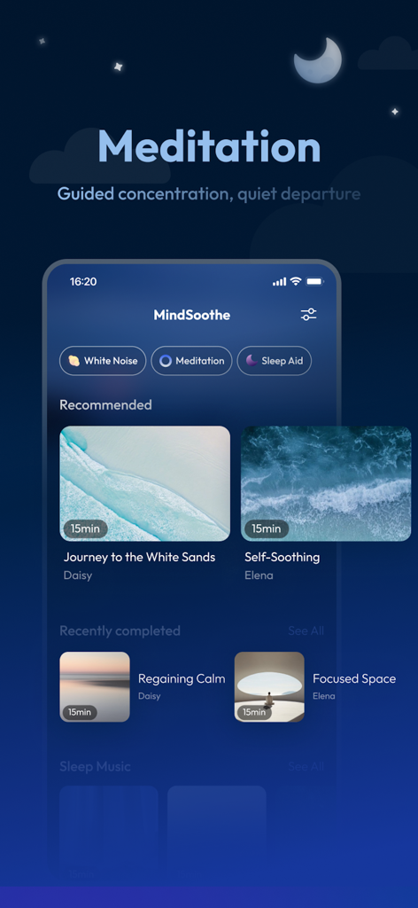 MindSoothe app interface displaying recommended meditation and concentration sessions like Journey to the White Sands and Self-Soothing.