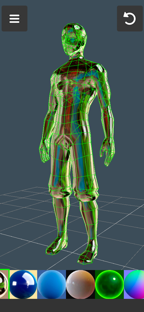 3D modeling: Design my model - A 3D character model with a green wireframe and material options in a mobile modeling app