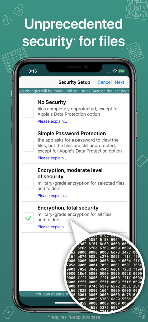 GoodReader app security setup screen showing options for military grade encryption for files and folders