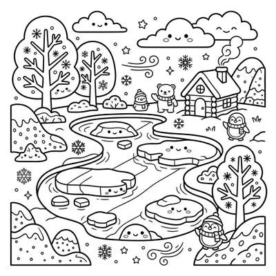 Dive into a charming winter wonderland with this kawaii coloring page, featuring a playful scene of frozen lakes and cheerful characters. Perfect for adding a touch of cuteness to a frosty day.