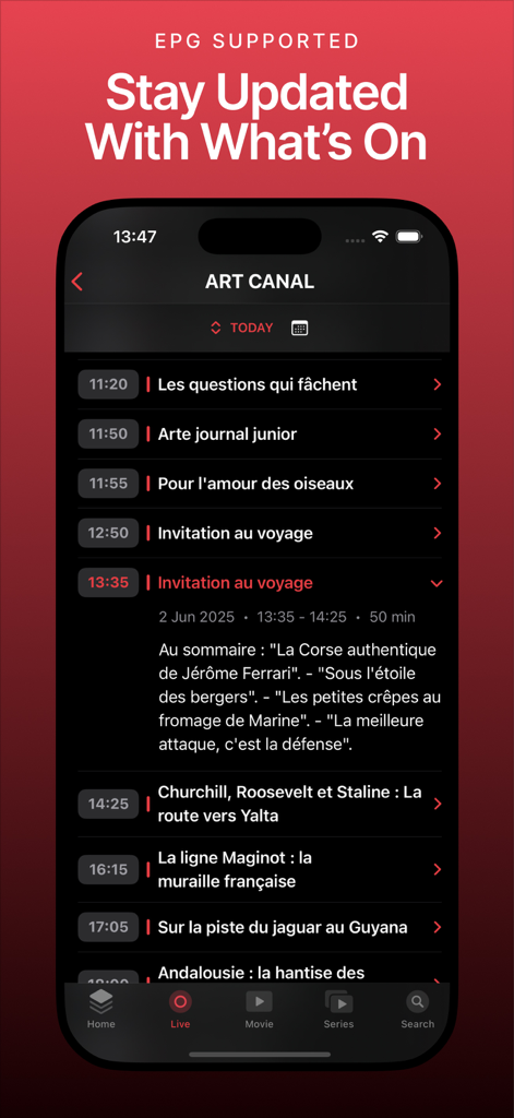 The IPTV Ultra app interface showing the Electronic Program Guide with a schedule of upcoming shows in dark mode.
