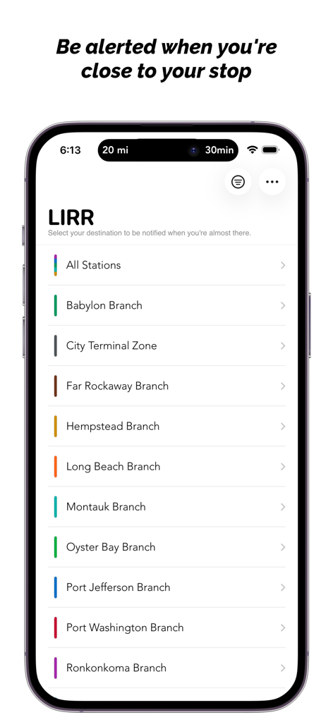 LIRR Destinations - Uma interface de aplicativo móvel exibindo uma lista de ramais do Long Island Rail Road para os usuários selecionarem seu destino e definirem alertas.