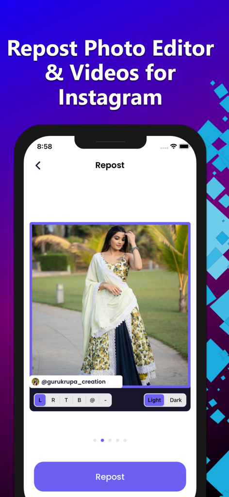 InstaSave : IG Reels Stories - Mobile app interface for InstaSave showing an Instagram photo repost editor with a customizable watermark attribution