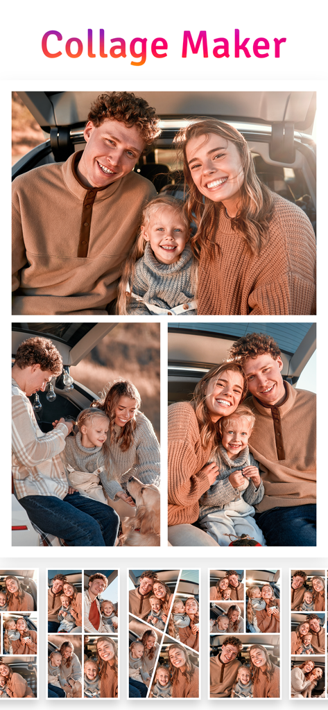 Layout for Instagram - 가족 사진과 다양한 레이아웃 템플릿이 있는 콜라주 메이커를 보여주는 Instagram용 레이아웃 앱 인터페이스
