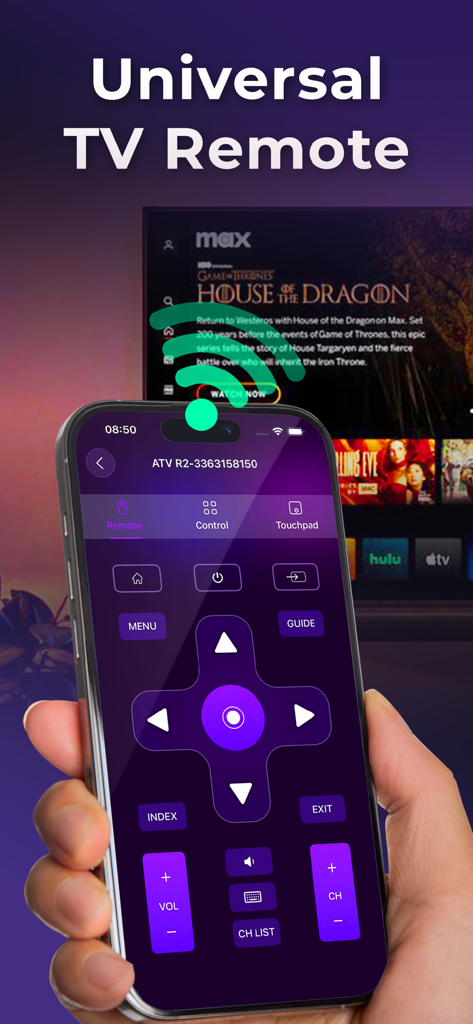 TV Remote for All TV - Una mano sosteniendo un iPhone mostrando la interfaz de una aplicación de control remoto universal para TV frente a un smart TV