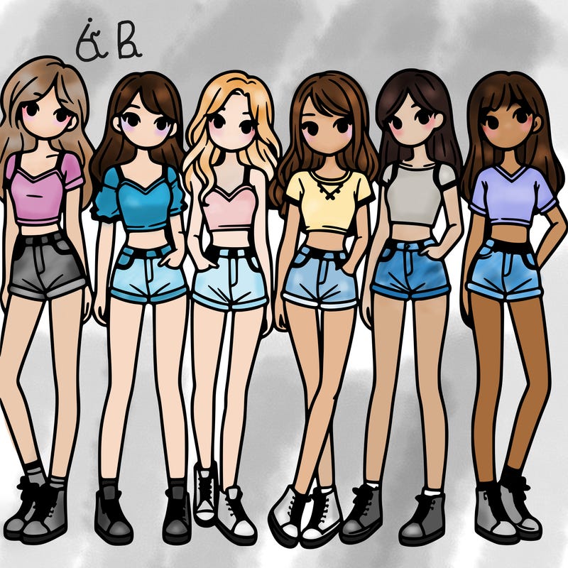 a group of girls wearing crop tops and shorts