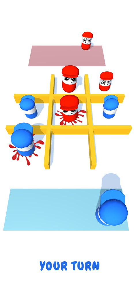 Offline 2 Player Games - A 3D tic tac toe game featuring red and blue characters on a yellow grid in local multiplayer mode