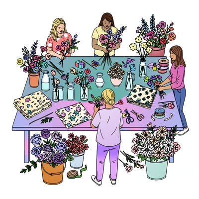small workshop where several people stand around a long table arranging flowers into vases. buckets of flowers sit nearby and ribbons and scissors are spread across the table. one instructor demonstrates how to arrange a bouquet while others follow along. include different flower shapes, simple vases, wrapping paper, and leaves so there are beautiful organic details for coloring.