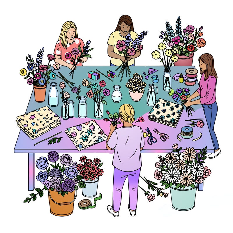 small workshop where several people stand around a long table arranging flowers into vases. buckets of flowers sit nearby and ribbons and scissors are spread across the table. one instructor demonstrates how to arrange a bouquet while others follow along. include different flower shapes, simple vases, wrapping paper, and leaves so there are beautiful organic details for coloring.