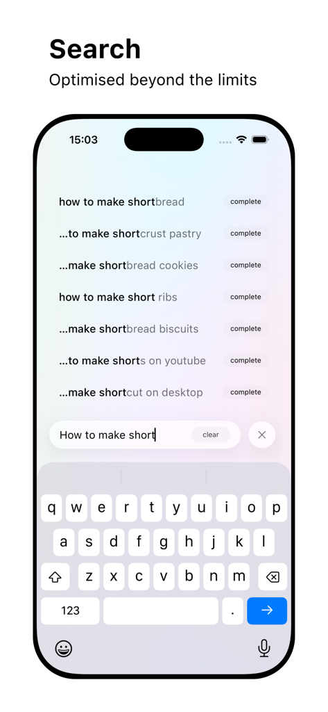 Web Browser - Search interface of a minimalist web browser with bottom search bar and autocomplete suggestions