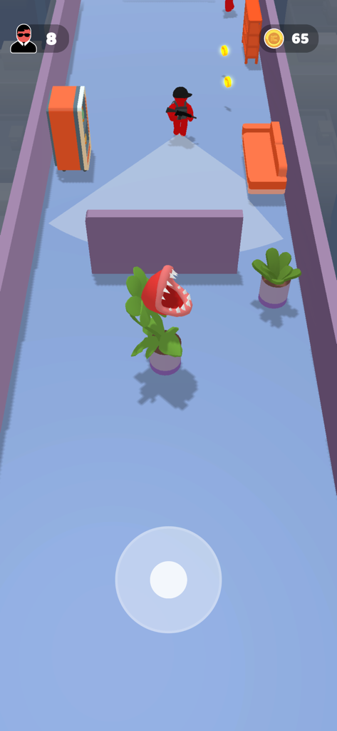 Gameplay of Super Cloner 3D showing a red enemy and a giant carnivorous plant obstacle in a corridor.