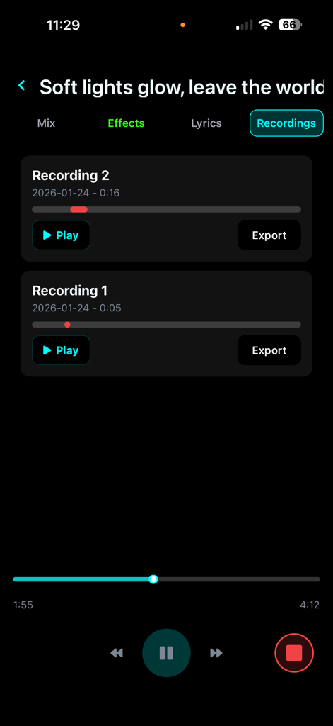 Sing With Me App - Recordings tab in Sing With Me app displaying a list of saved vocal tracks with options to play and export.